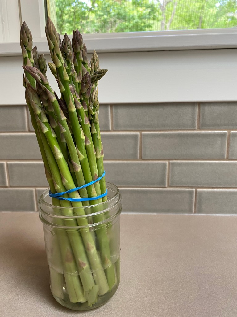 Bunch of asparagus in glass Mason jar on a gray kitchen counter.