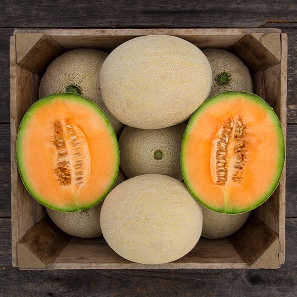 Wooden crate with cantaloupes.