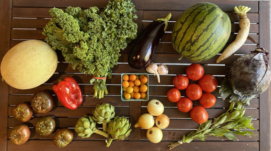 Brown wooden table with vegetables displayed, including cantaloupe, curly kale, eggplant, watermelon, daikon radish, red cabbage, Thai basil, slicer tomatoes, yellow onions, garlic bulbs, cherry tomatoes, artichokes, red pepper, and heirloom tomatoes.