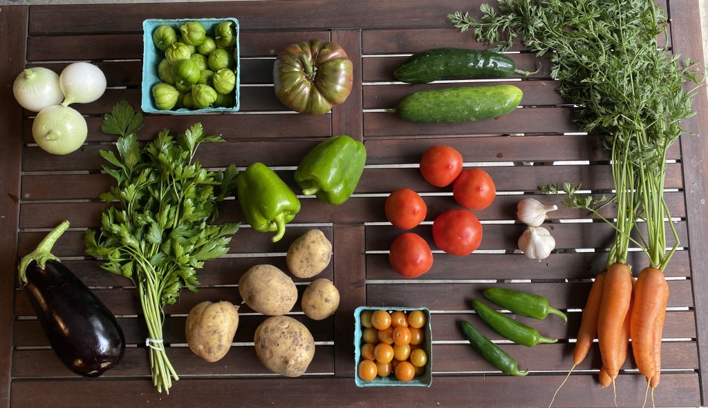 Brown wooden table displaying vegetables, including white onions, tomatillos, heirloom tomato, cucumbers, carrots, garlic bulbs, jalapeno peppers, cherry tomatoes, green peppers, yellow potatoes, parsley, and eggplant.