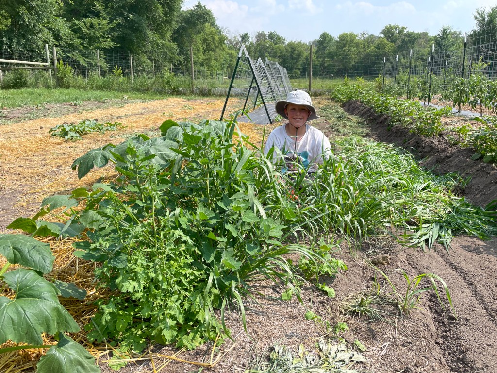 Kid sitting on ground behind tall weeds in farm field.
